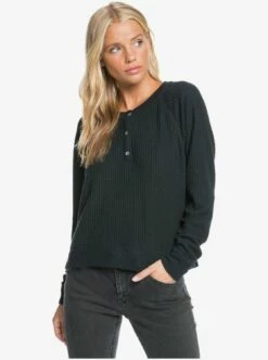 Roxy Take It Home Waffle Knit Half-Button In Anthracite (Kvj0) Sweatshirt