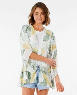 Rip Curl Coastal Palms Kimono In White Shirt